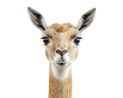 realistic illustration of smiling giraffe with large eyes and detailed fur, showcasing its unique features and friendly expression png