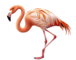 vibrant pink flamingo standing gracefully one leg, showcasing its elegant feathers and long neck. This beautiful bird is often associated with tropical environments and adds touch of exotic charm png