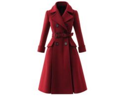Stylish red trench coat with belt and double breasted design, perfect for adding pop of color to any outfit. Ideal for both casual and formal occasions png