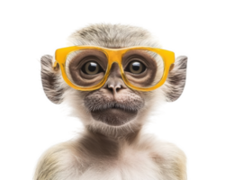 Funny monkey wearing yellow glasses, isolated on transparency background, showcasing playful expression. This adorable animal captures attention with its unique style and charm png
