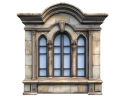 decorative architectural window with arched design and stone texture, showcasing intricate details and vintage appearance. This window adds elegance to any building facade png