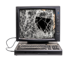 broken computer with cracked screen and tangled wires, isolated on transparency background, evokes sense of nostalgia and frustration png