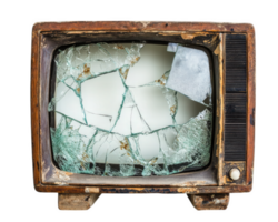 broken vintage television with shattered glass screen, showcasing its worn out exterior and nostalgic design. This evokes sense of nostalgia and loss png