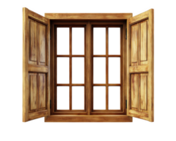 wooden window with open shutters, showcasing rustic design and warm tones, perfect for adding charm to any space png