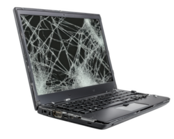 broken laptop with cracked screen, isolated on transparency background, symbolizes technology failure and frustration. This captures essence of malfunctioning device png