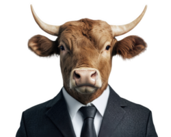 bull wearing suit, isolated on transparency background, exudes unique blend of professionalism and whimsy. This striking image captures attention and sparks curiosity png