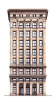 Architectural illustration of tall building with classic design, featuring multiple windows and ornate details, set against transparency background png