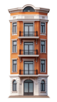 Modern brick building with balconies and large windows, showcasing elegant architecture and classic design. Perfect for urban settings and residential purposes png
