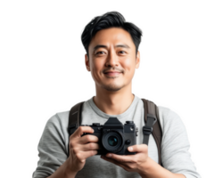 man holding camera, smiling, wearing backpack, casual attire, photography enthusiast, isolated on plain background png