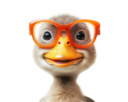 Funny duck wearing oversized orange glasses, smiling cheerfully, isolated on transparency background, perfect for humorous content and animal themed projects png