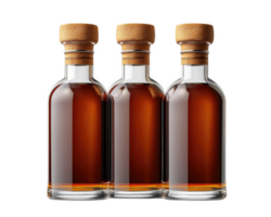 Three glass bottles of whiskey with wooden caps, isolated on transparency background, showcasing rich amber color and elegant design. Perfect for beverage displays or product promotions png