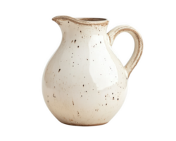 Ceramic pitcher with speckled white finish and curved handle, perfect for serving beverages or as decorative piece. Its rustic charm adds warmth to any setting png