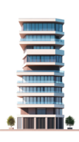 Modern building with multiple floors and large windows, featuring unique architectural design. structure is surrounded by greenery, creating harmonious urban environment png