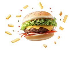 A hamburger with cheese and lettuce is being thrown into the air png