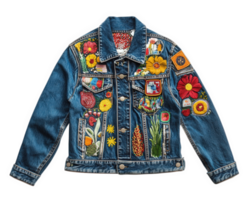 A denim jacket with flowers and other embroidered patches png
