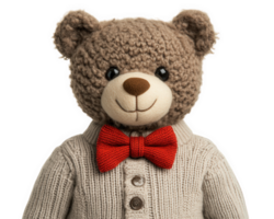 A stuffed teddy bear wearing a sweater and a red bow tie png
