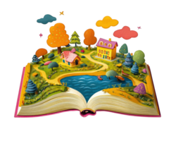 An open book with a house and trees on it png