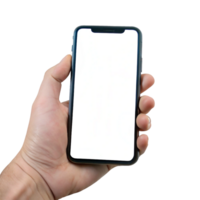 A hand holding a smartphone with a blank white screen showing modern technology and mobile communication png