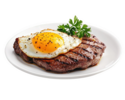 Grilled steak with fried egg on white plate png