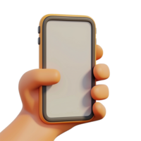 A cartoon hand holding a smartphone with a blank screen mockup for app presentation and UI UX design png