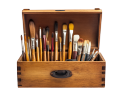 An open wooden box with many different brushes png