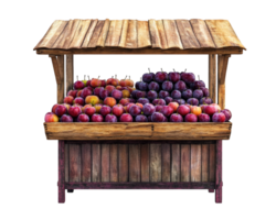 An old wooden fruit stand with plums on it png