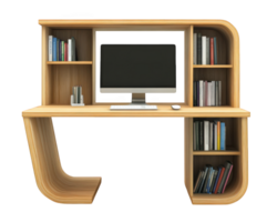 A computer desk with a monitor and bookshelf png
