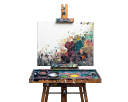 An easel with paints and brushes on it png