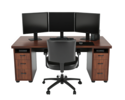 A computer desk with three monitors and a chair png