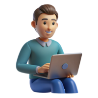 3D Render of Smiling Man Using a Laptop Computer png