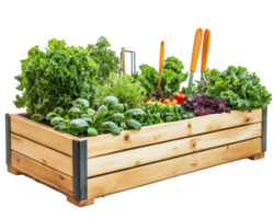 A wooden raised garden box with vegetables and tools png