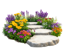 A stone path surrounded by flowers and grass png