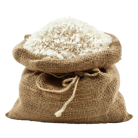 A burlap sack full of uncooked white rice grain png