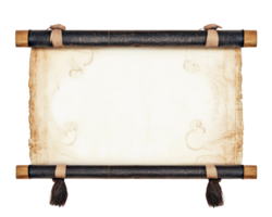 Ancient scroll with a black background and brown tassels png