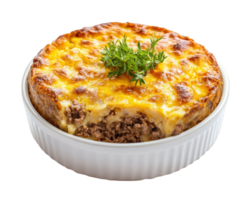 A dish of meat and cheese in a white bowl png