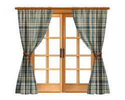 An open window with curtains and a wooden door png