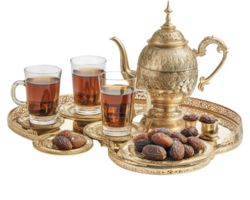 A gold tea set with dates and cups png