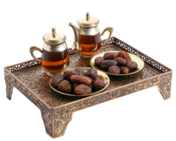 A tray with two cups of tea and dates png