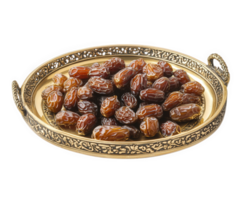 A gold tray filled with dates on a black background png