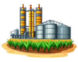 An illustration of a factory with corn and silos png