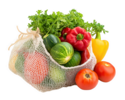 A mesh bag filled with vegetables and fruits png