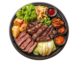 A plate of steak, vegetables and sauce png