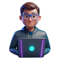 vibrant classic Portrait of a programmer with a laptop, coding, with glowing screen light and a futuristic atmosphere, in a cyberpunk style premium png