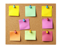 A cork board with several sticky notes attached to it png