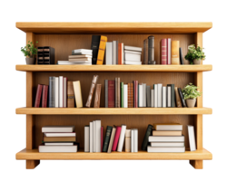 A wooden book shelf with books and plants png