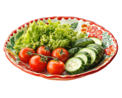A colorful plate with tomatoes, cucumbers and lettuce png