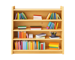 A wooden bookcase with books and pencils png