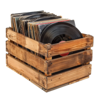 A Rustic Wooden Crate Filled with a Collection Vintage Vinyl Records png
