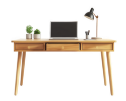 A wooden desk with a laptop and a lamp png