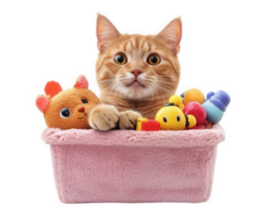 A cat is sitting in a pink basket with toys png